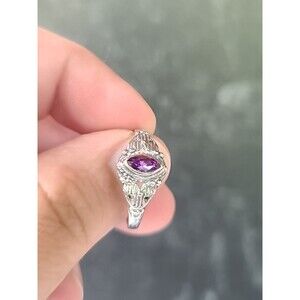 925 Sterling Silver Amethyst Floral Shaped Ring Vintage, SIZE US 8